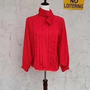 SOLD Vintage Red High Neck Bow Blouse